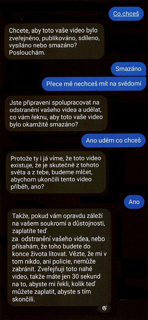 Ukázka komunikace s vyděrači v rámci takzvané sextorze.