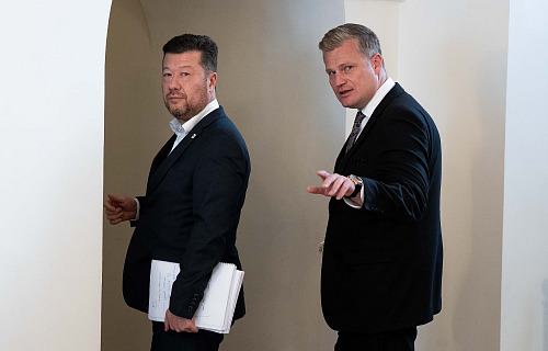 Filip Turek a Tomio Okamura po jednání koaliční rady (10.července 2026)