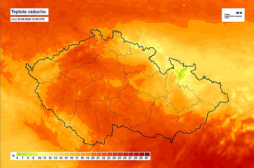 Mapa teploty vzduchu ČHMÚ. (25. srpna 2026)