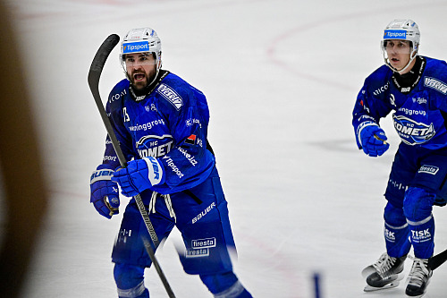 Brněnský Luke Witkowski slaví trefu proti Hradci.