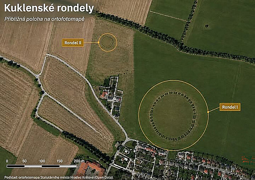 Přibližná poloha kuklenských pravěkých rondelů.