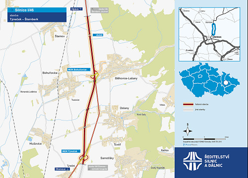 Mapa zobrazující trasu přeložky silnice I/46 mezi olomouckou částí Týneček a...