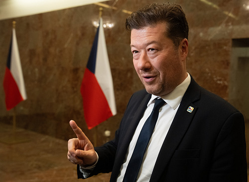 Předseda Poslanecké sněmovny Tomio Okamura (SPD) hovoří s novináři poté, co...