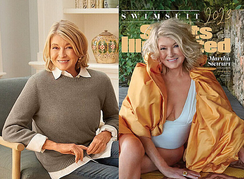 Martha Stewartová v civilu a na obálce plavkového speciálu magazínu Sports...