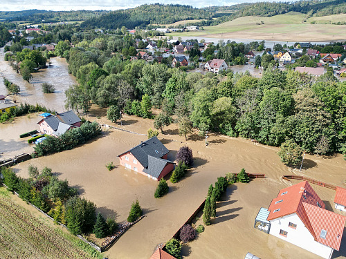 Zatopená obec Zátor na Bruntálsku (16. září 2024)