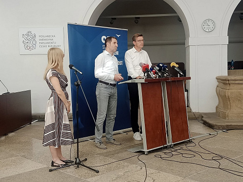 Předseda ODS Martin Kupka a první místopředseda strany Karel Haas na tiskové...