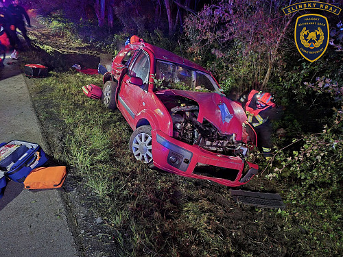 Vrak auta, který kolem půl třetí hodiny ranní sjel z vozovky. Z pěti...