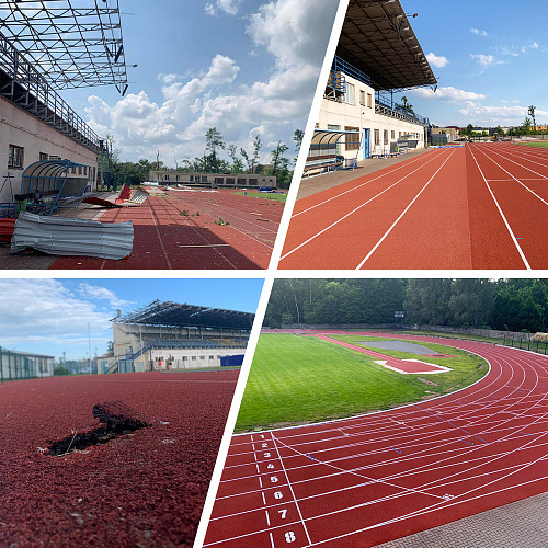 Koláž. Hodonínský stadion před tornádem a po rekonstrukci.