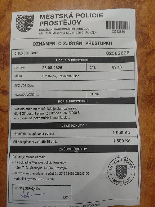 Falešná výzva k zaplacení pokuty, která se objevila v Prostějově.