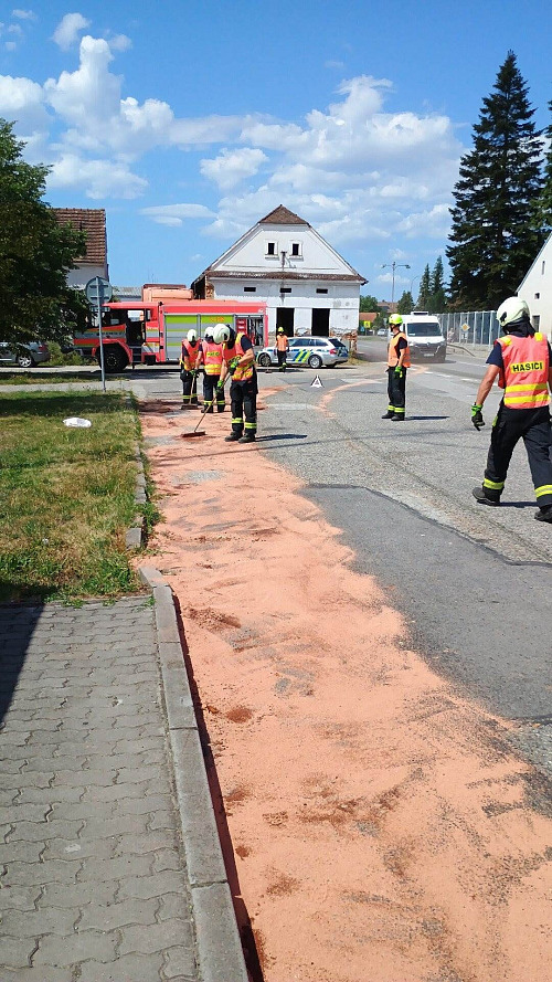 Na návsi v Dasném hasiči likvidovali vyteklou nebezpečnou látku, která unikla z...