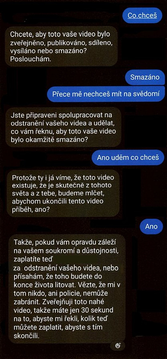 Ukázka komunikace s vyděrači v rámci takzvané sextorze.