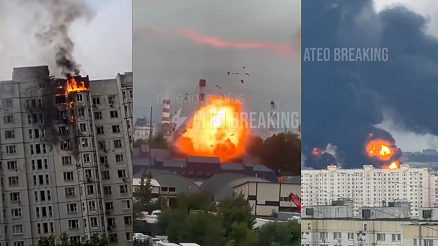 Exploze moskevské rafinerie urvala obří víko nádrže, letělo vysoko do vzduchu