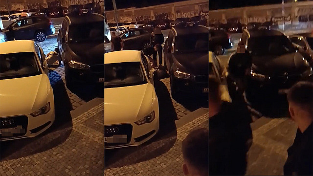 Kopy do hlavy. Obvyklý výhled z okna pro obyvatele Trojické ulice v Praze 2, v...
