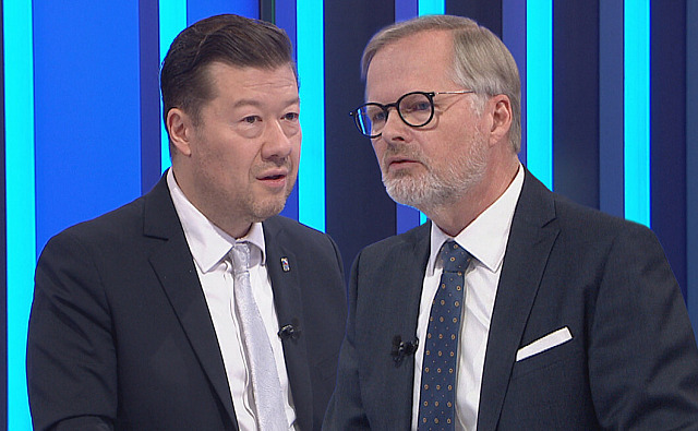 Předseda Poslanecké sněmovny Tomio Okamura (SPD) a expremiér Petr Fiala (ODS)...