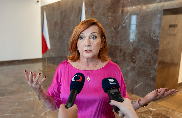Ministryně financí Alena Schillerová odpovídá novinářům před řádnou chůzí...