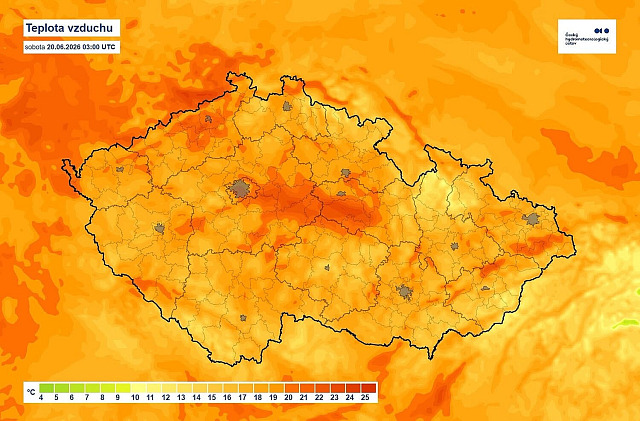 Teplota vzduchu na území České republiky. (20. června 2026)