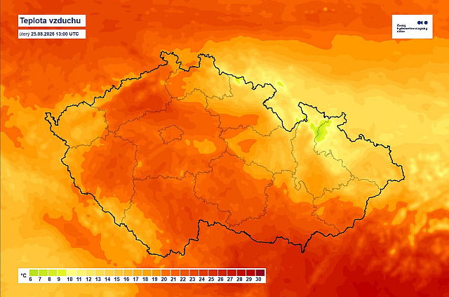 Mapa teploty vzduchu ČHMÚ. (25. srpna 2026)