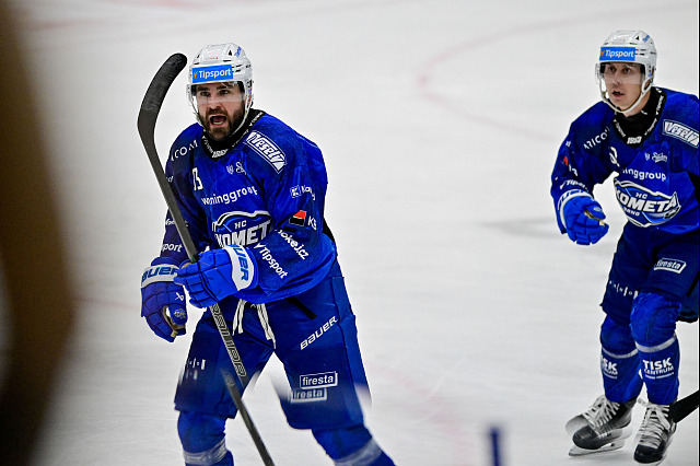 Brněnský Luke Witkowski slaví trefu proti Hradci.