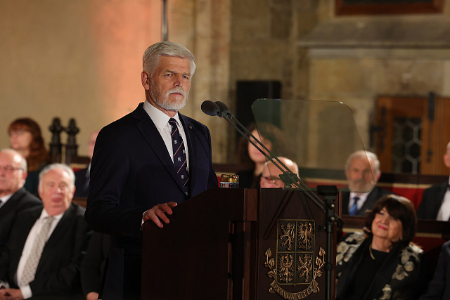 Prezident Petr Pavel hovoří v rámci ceremonie předávání státních vyznamenání....