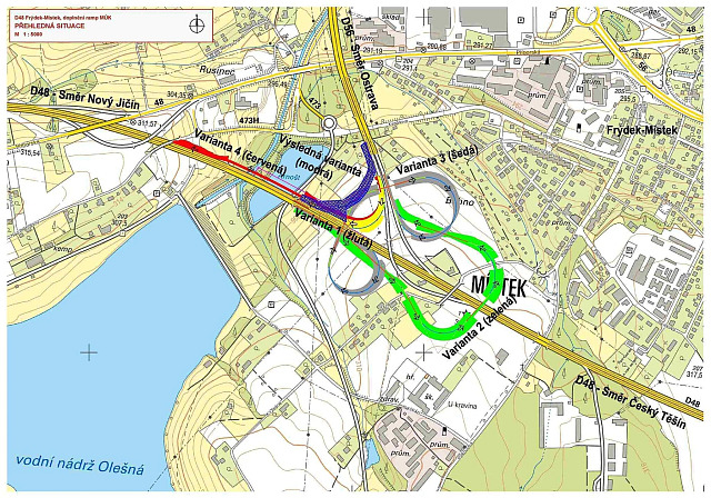 Situační mapa spojky dálnic D48 a D56 ve Frýdku-Místku ve směru mezi Příborem a...