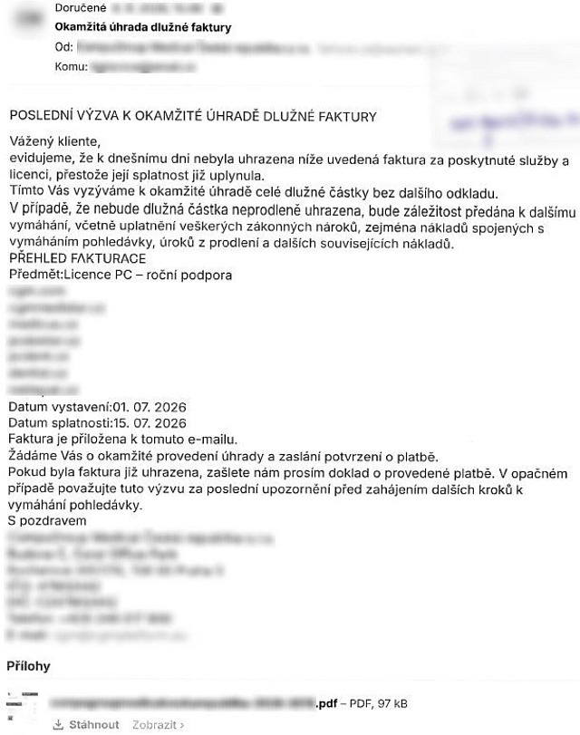 Podvodný email dožadující se u lékařů na Karvinsku zaplacení za licenci a...