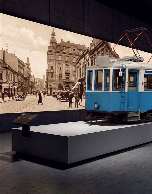 Část grafického návrhu řešení jedné z expozic Světa dopravy okolo budovy...